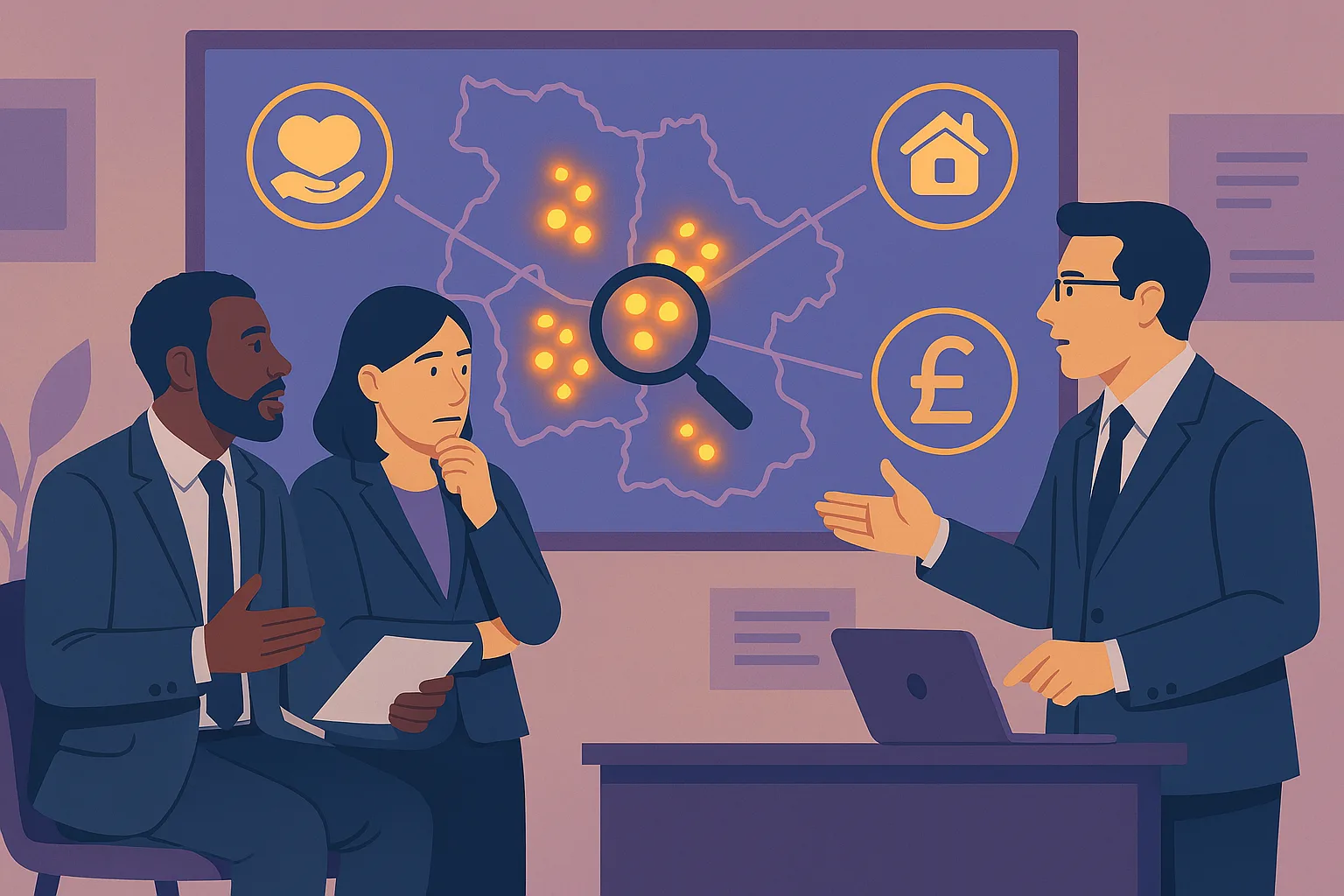 Council decision‑makers reviewing a digital map where hidden data patterns are revealed as bright clusters, with subtle icons indicating support for vulnerable people and cost savings